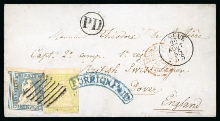 Stamp of Switzerland / Schweiz » Sitzende Helvetia Ungezähnt » Münchner Druck, 1. Auflage 1855, 40 Rp. grün, 1. Münchner Druckperiode, zusammen mit 10 Rp. blau, 3. Münchner Druckperiode