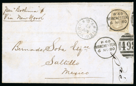 Stamp of Great Britain » 1854-1900 Postal History of the Perforated Line Engraved and Surface Printed Issues 1880 (Nov 6) Wrapper to Mexico with 1873-80 4d grey-brown pl.17 tied by the cds part of the Manchester duplex