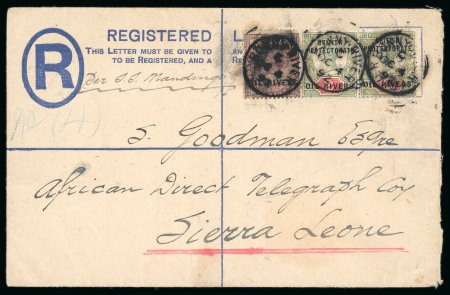 Stamp of Nigerias » Niger Coast Protectorate Bonny River: 1892 (Oct 4) 2d registered envelope (type NR3) uprated to Sierra Leone, the only known used example