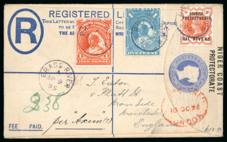 Stamp of Nigerias » Niger Coast Protectorate Brass: 1895-96, pair of uprated size F registered envelopes with cds or squared circle ds