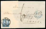 Stamp of Hungary 1872 10kr blue Engraved on large part cover , sent on 27/8 1872 from Pest to Paris, via Wien 28/8 and Avricourt (30/8)