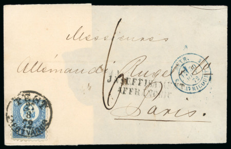 Stamp of Hungary 1872 10kr blue Engraved on large part cover , sent on 27/8 1872 from Pest to Paris, via Wien 28/8 and Avricourt (30/8)