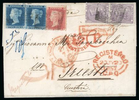 Stamp of Great Britain » 1854-1900 Postal History of the Perforated Line Engraved and Surface Printed Issues 1857 (JY 19) entire from Troon Registered to Trieste,