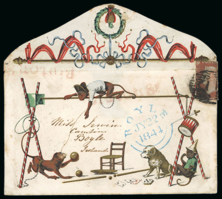 Stamp of Great Britain » Hand Illustrated and Printed Envelopes 1844 (JY 22) 1d. red-brown, used on superb "Monkey