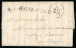 Stamp of Malta 1829 (Apr 12) entire written from a sailor onboard HMS Isis at Malta to France with scarce "MALTA * P PAID" straight-line hs in black