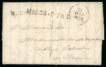Stamp of Malta 1829 (Apr 12) entire written from a sailor onboard HMS Isis at Malta to France with scarce "MALTA * P PAID" straight-line hs in black
