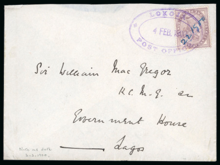 Stamp of Nigerias » Niger Company Territories Lokoja: 1900 (Feb 4) envelope to the Governor of Lagos with GB 1881 1d lilac with ms date "2 2 1900" and cancelled two days in Lokoja