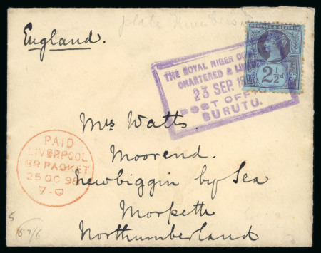 Stamp of Nigerias » Niger Company Territories Burutu (type 6 sans-serif): 1898 (Sep 23) envelope to England with GB 1887 2 1/2d