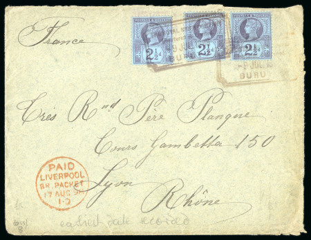 Stamp of Nigerias » Niger Company Territories Burutu (type 7): 1898 (Jul 9) envelope to England with three GB 1887 2 1/2d tied by the very scarce chamfered corners Burutu ds