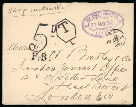 Stamp of Nigerias » Niger Company Territories Akassa (type 1): 1892 (May 21) envelope endorsed "stamps unattainable" and struck with very fine strike of "THE NIGER TERRITORIES / POST / OFFICE" triple oval ds