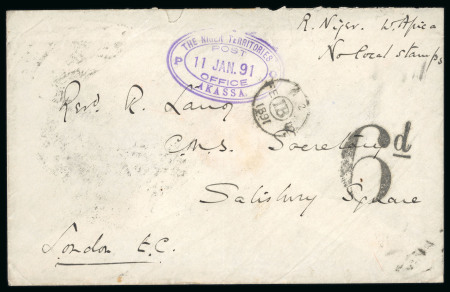 Stamp of Nigerias » Niger Company Territories Akassa (type 1): 1891 (Jan 11) envelope endorsed "R. Niger W. Africa No local stamps" and struck with a fine strike of "THE NIGER TERRITORIES / POST / OFFICE" triple oval Akassa ds