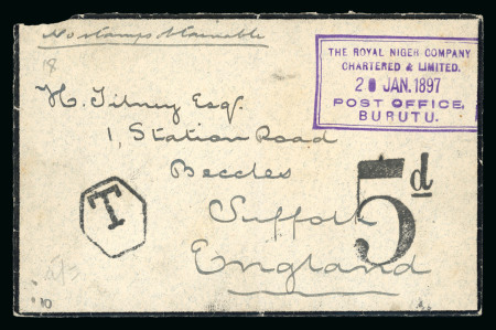Stamp of Nigerias » Niger Company Territories Burutu (type 6 sans-serif): 1897 (Jan 20) mourning envelope endorsed "No stamp obtainable" with superb strike of the Burutu sans-serif boxed ds