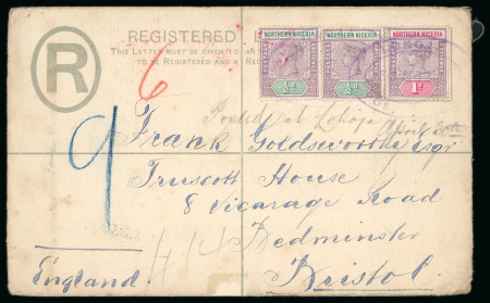 Stamp of Nigerias » Niger Company Territories Lokoja: 1900 (Apr 31) 2d Registered envelope (size G) with Northern Nigeria 1900 1/2d (2) and 1d tied by light Lokoja double oval ds