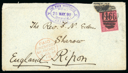 Stamp of Nigerias » Niger Company Territories Akassa (type 1): 1891 (May 25) envelope franked with 1887 6d Jubilee with a very good strike of "THE NIGER TERRITORIES / POST / OFFICE" triple oval Akassa ds adjacent