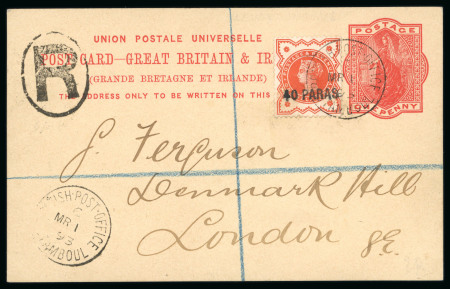 Stamp of British Levant  1890 & 1893, envelope with 80pa on 5d green and and uprated postal stationery card with 1893 Provisional 40pa on 1/2d