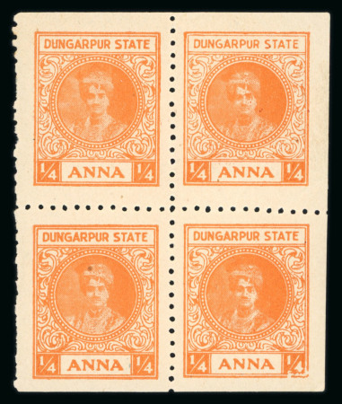 Stamp of Indian States » Dungarpur 1939-46 1/4a orange-yellow perf.10 mint n.h. sheetlet of four, a major rarity of Indian States philately