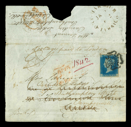 Stamp of Great Britain » 1840 2d Blue (ordered by plate number) 1842 (JA 5) large part entire from Jamaica (dry Harbour)