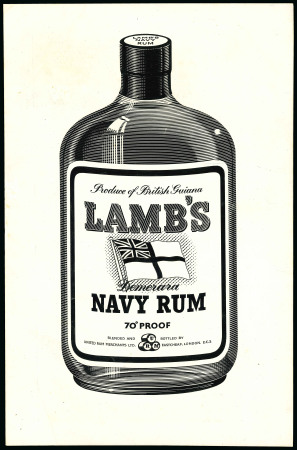 Stamp of British Guiana Lamb's Navy Rum, original engraved artwork design by