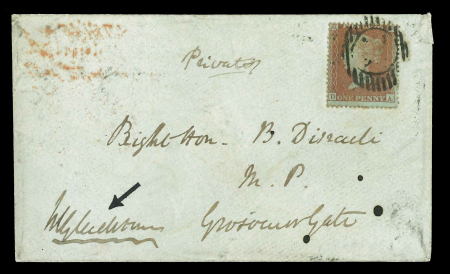 Stamp of Great Britain » 1854-70 Perforated Line Engraved 1853 (MR 7) envelope from William Gladstone to Benjamin