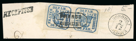 Stamp of Romania » United Principalities 1862-1864 Pair of 30 parale blue handstruck on fragment, cancelled by the FRANCO DOROEHOI
