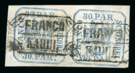 Stamp of Romania » United Principalities 1862-1864 Pair of 30 parale blue handstruck cancelled FRANCO KAHUL