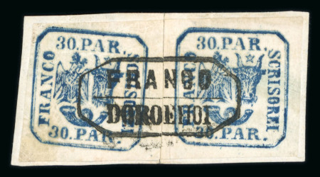 Stamp of Romania » United Principalities 1862-1864 Two small frangments bearing 30 parale blue, a rejoined pair cancelled FRANCO DOROEHOI, single CRAIOVA