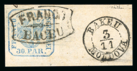 Stamp of Romania » United Principalities 1862-1864 30 parale blue handstruck stamps on fragments cancelled by FRANCO BACEU in black and red