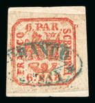 Stamp of Romania » United Principalities 1862-1864 6 parale brick red handstruck cancelled FRANCO JASSY in blue