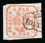 Stamp of Romania » United Principalities 1862-1864 6 parale brick red handstruck on horizontally laid paper, cancelled by part of FRANCO FOLTICHENII