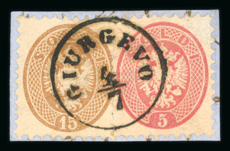 Stamp of Romania » Austrian Levant Post Offices GIURGEVO: Lot of 5 stamps cancelled at Giurgiu. 1864 5s.+15s & pair of 10s on fragment and 1867 15s