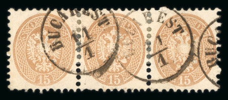 Stamp of Romania » Austrian Levant Post Offices GALATZ & BUCHAREST: Lot containing a strip of three of 15s (1864) cancel of the consular office in Bucharest, together with 10s and pair of 15s on small fragment from the 1867