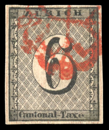 Stamp of Switzerland / Schweiz » Kantonalmarken » Zürich 1843, Zürich 6, Type IV, mit hervortretenden senkrechten Unterdrucklinien