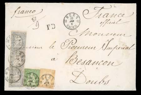 Stamp of Switzerland / Schweiz » Sitzende Helvetia Ungezähnt » 1856-57 Berner Druck (II) 1862, 1 Fr. grau, 2. Berner Druckperiode, im senkrechten Dreierstreifen
