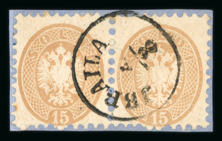 Stamp of Romania » Austrian Levant Post Offices JBRAILA: Lot containing fragments with the 1864 Issue, pairs of 5s. & 15s., and a 10s. on piece