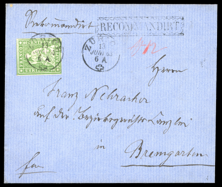 Stamp of Switzerland / Schweiz » Sitzende Helvetia Ungezähnt » 1857-62 Berner Druck, Dickes Papier 40 Rp. grün, 4. Berner Druckperiode, auf doppelgewichtigem eingeschriebenen Brief