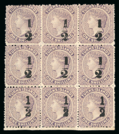 Stamp of Turks and Caicos Islands Turks Islands 1881 1/2 0n 1s block 9 large part o.g.