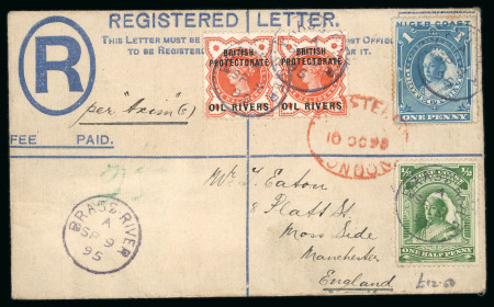 Stamp of Nigerias » Niger Coast Protectorate Brass: 1895 (Sep 9) Registered envelope (size F, Gledhill type NR5) with 1892-94 1/2d pair, 1894 (Jan 1d) and 1894 (May) 1/2d tied by Brass River cds