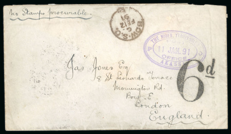 Stamp of Nigerias » Niger Company Territories Akassa (type 1): 1891 (Jan 11) envelope endorsed "No stamps procurable" and struck with a very fine strike of "THE NIGER TERRITORIES / POST / OFFICE" triple ova