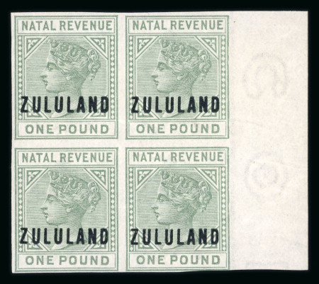 Stamp of South Africa » Zululand Revenues: 1888 £1 green imperf. proof in right marginal block of four