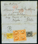 Stamp of St. Lucia 1864-76 Colour Changes, wmk CC, 1d black, 4d yellow and a block of four 1s brown-orange perf. 12½, on reverse of 1871 entire letter to Naples