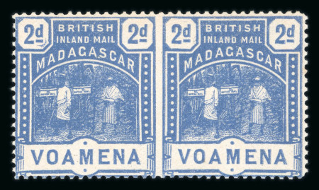 Stamp of Madagascar (British Post) 1895 Voamena 2d blue in imperf between horiz pair, mint