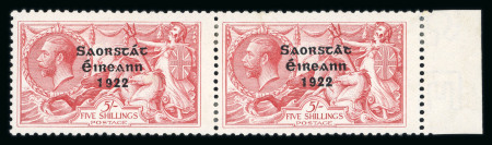 Stamp of Ireland » 1922-23 Thom Three-Line Overprints (T47-T61) 1922 Thom 5/- rose-carmine in marginal mint pair with part o.g., the right hand stamp with 'Accent reversed'