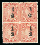Stamp of Turks and Caicos Islands 1881 1/2 on 1d dull red in mint block of 4 with large part o.g., the upper pair with surcharge type 9, the lower pair type 10