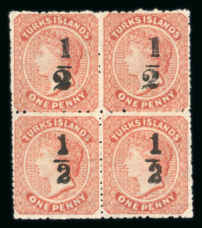 Stamp of Turks and Caicos Islands 1881 1/2 on 1d dull red in mint block of 4 with large part o.g., the upper pair with surcharge type 9, the lower pair type 10