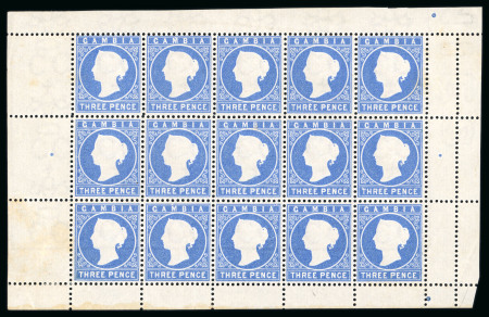 Stamp of Gambia 1880-81 CC (upright) 3d bright ultramarine in mint n.h. complete pane of 15
