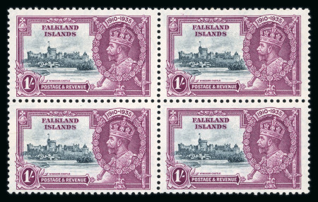 Stamp of Falkland Islands 1935 Jubilee 1/- in lightly mounted mint block of 4, with the scarce 'Extra flagstaff' variety