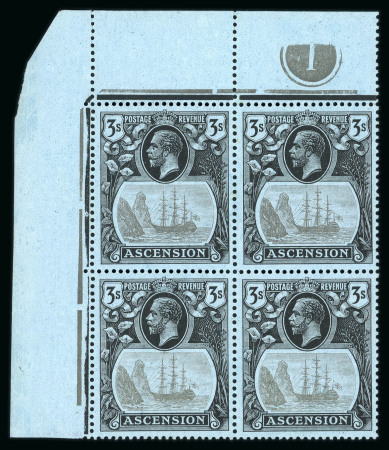 Stamp of Ascension 1924 Script 3/- grey-black and black on blue in mint n.h. upper left corner marginal Plate 1 block of 4 with 'Broken mainmast' variety
