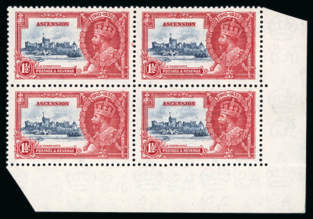 Stamp of Ascension 1935 Jubilee 1 1/2d in lower right corner marginal block of 4 nh, the lower right stamp with the 'Kite and horizontal log' variety