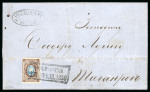 Stamp of Russia 1858, 10k imperforate, very fine with good to wide margins all around tied by clear strike of boxed “ODESSA 15 APRIL 58” handstamp on entire letter to Taganrog
