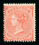 Stamp of Great Britain » 1855-1900 Surface Printed » 1862-64 Small Uncoloured Corner Letters 1862-64 Emblems 4d pale red (hair lines) NC mint with large part o.g.